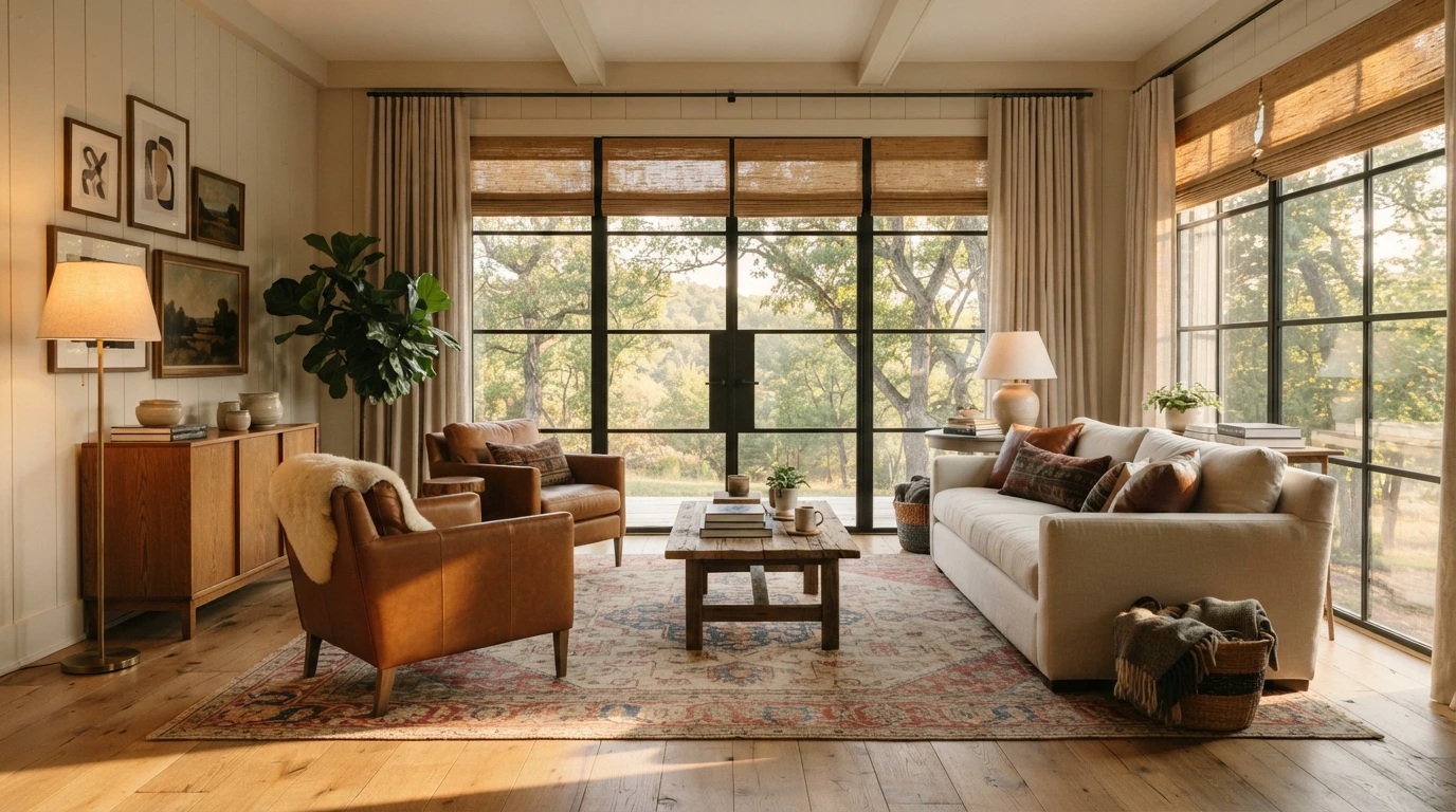 A Northwest Arkansas living room dressed in custom window coverings
