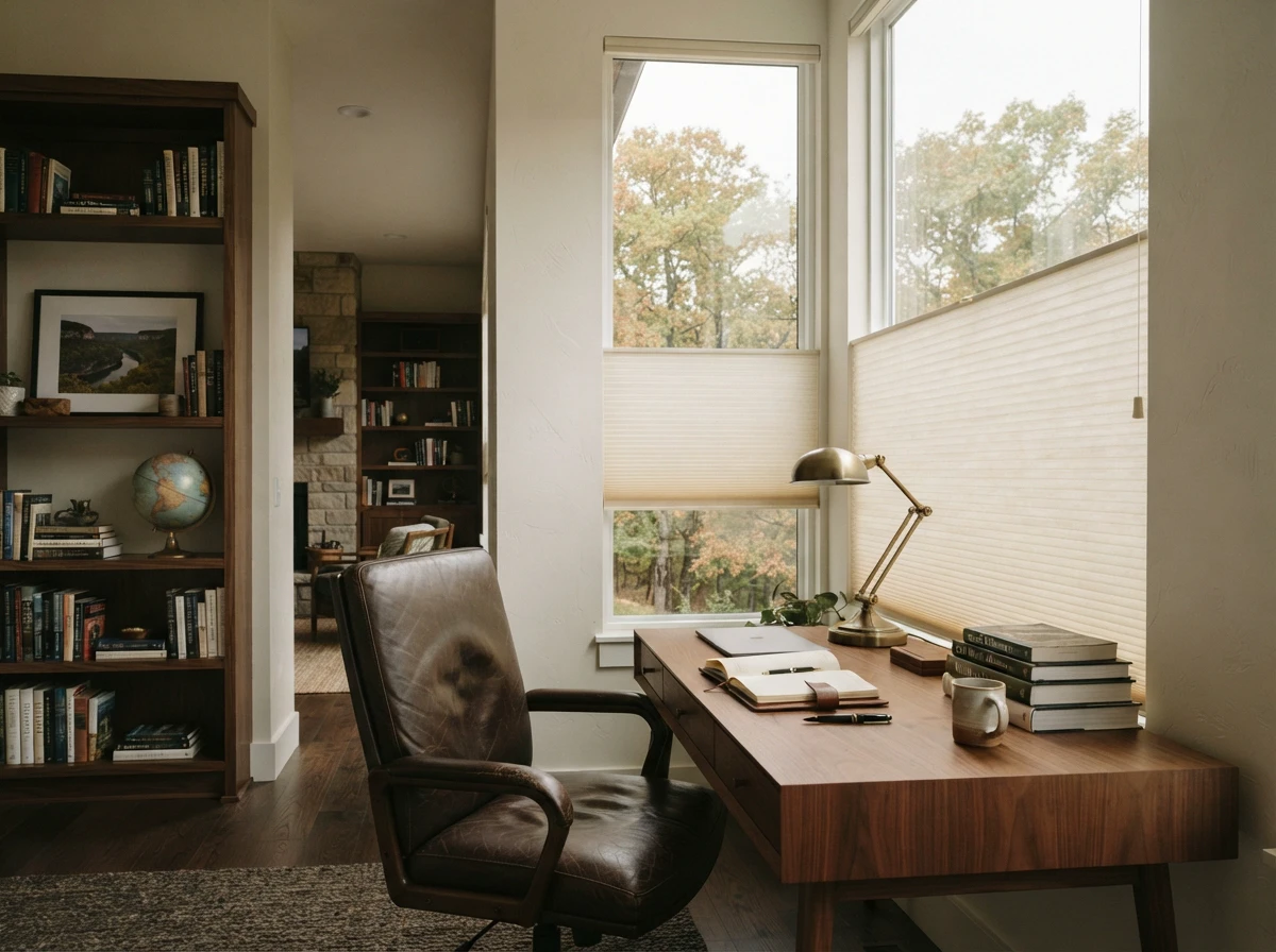 Editorial interior featuring honeycomb shades in a Northwest Arkansas home