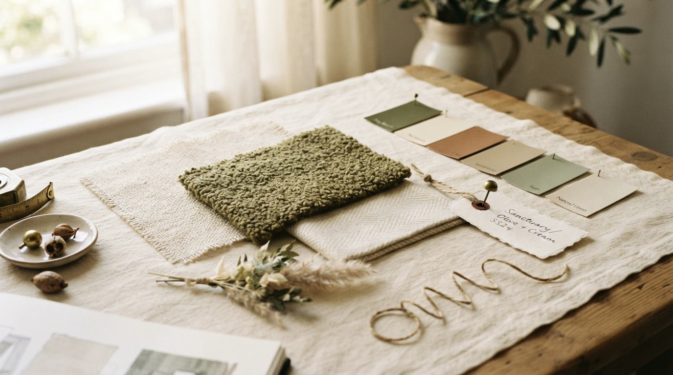 An interior designer’s notebook open to a measured floor plan with hand-drawn layouts, surrounded by a paint chip fan in cream and olive, rolled linen fabric samples, a brass ruler, a pillar candle, and an olive sprig on warm oak