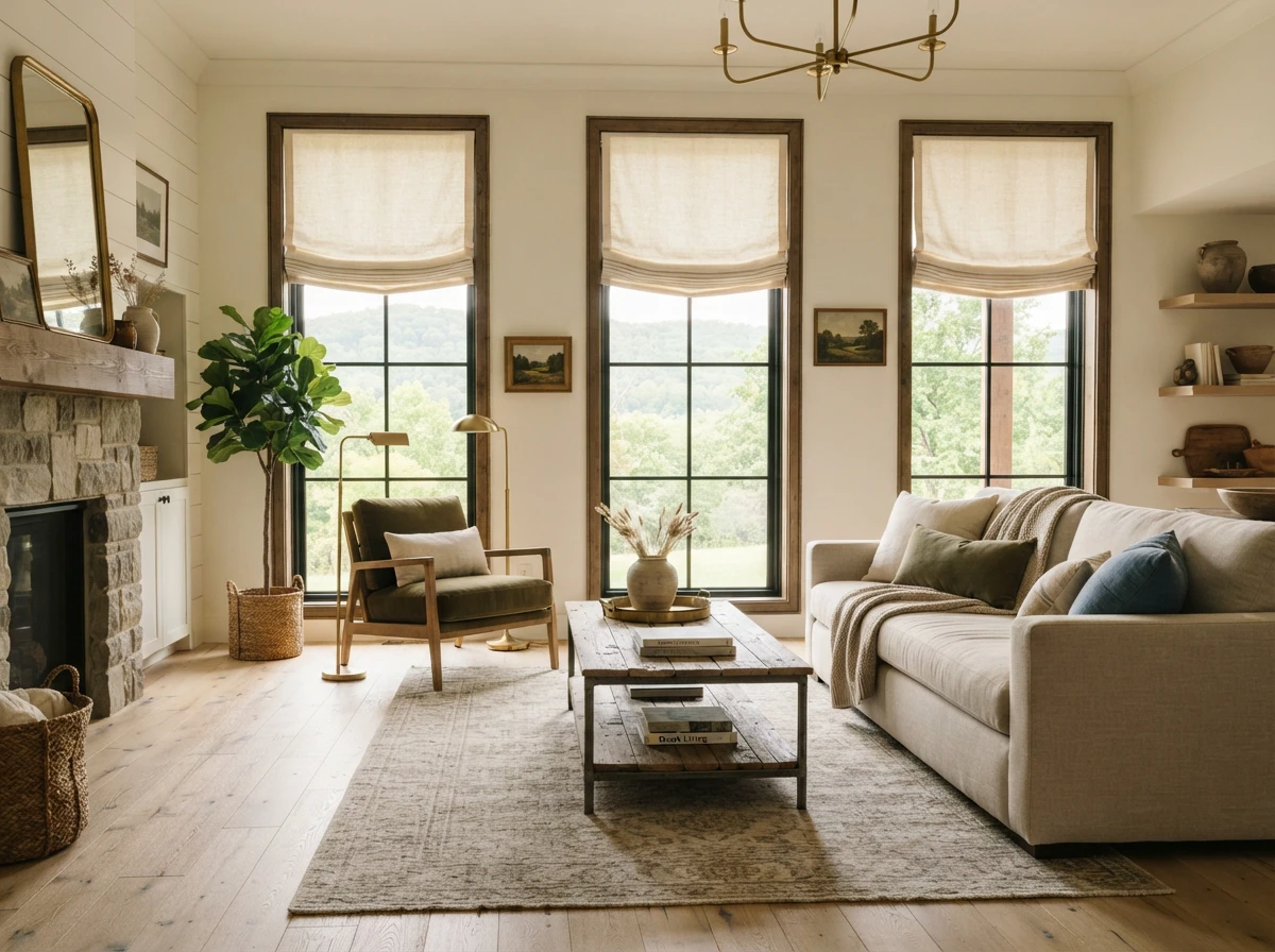 Editorial interior featuring roman shades in a Northwest Arkansas home