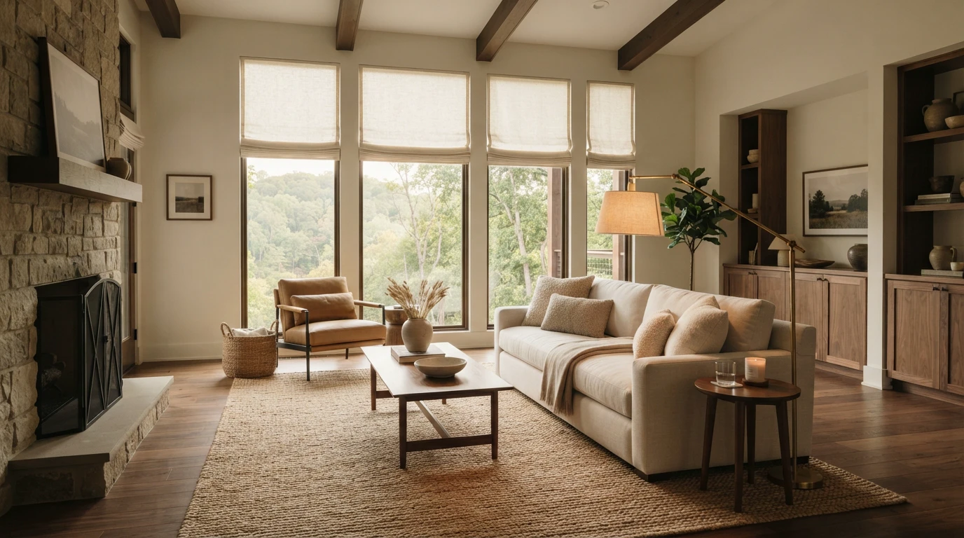 Soft natural light through custom shades in a Northwest Arkansas living room