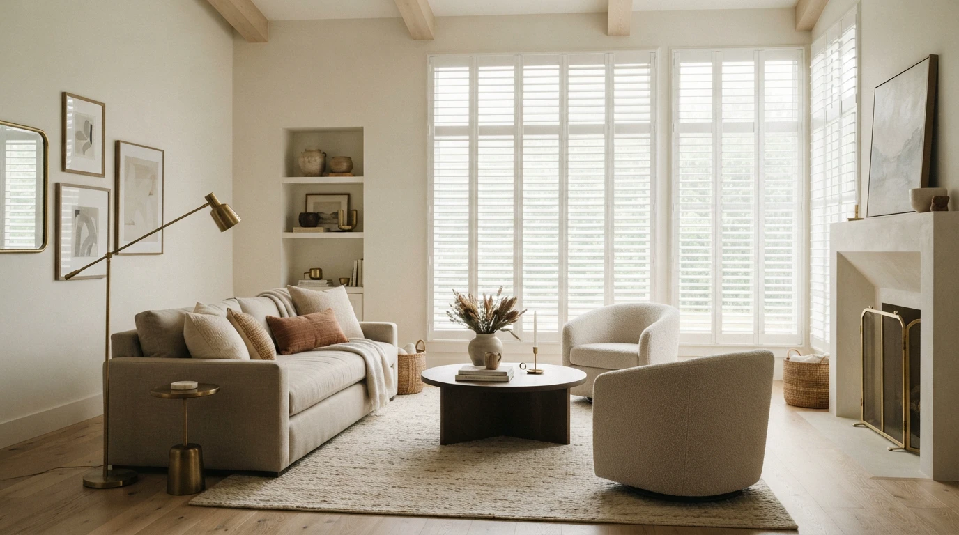 Bright Northwest Arkansas living room with white plantation shutters framing multiple windows
