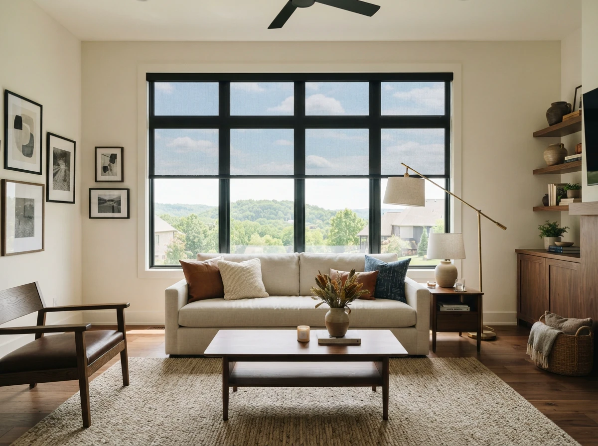 Editorial interior featuring solar shades in a Northwest Arkansas home