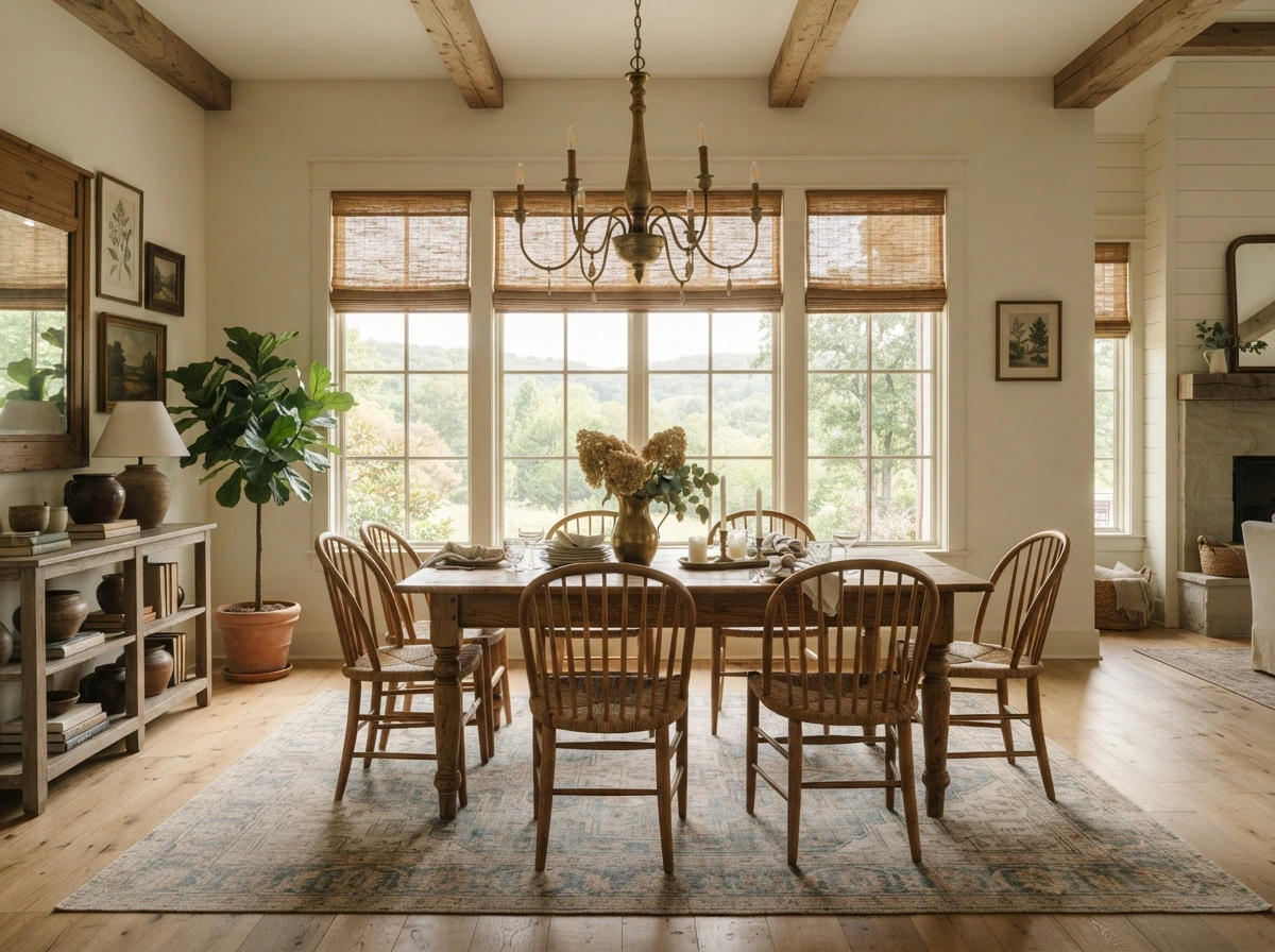 Editorial interior featuring woven wood shades in a Northwest Arkansas home